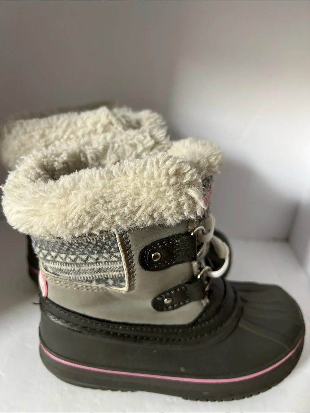 London Fog Kids Winter Snow Boots Faux Fur Gray Pink Size 8